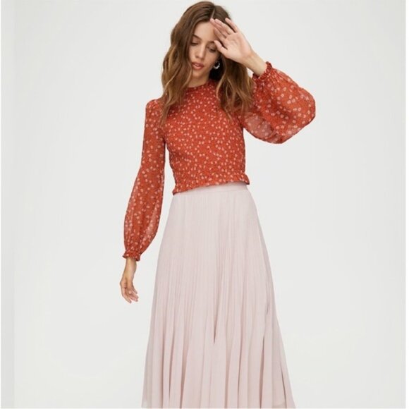 Aritzia Wilfred Lilith Blouse Cropped Smocked Floral Long sleeve Orange Size XS - Picture 8 of 16